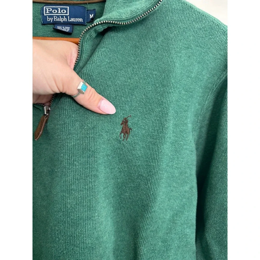 Polo Ralph Lauren Quarter Zip Sweater Mens Medium Green EUC Cotton Pullover Pony